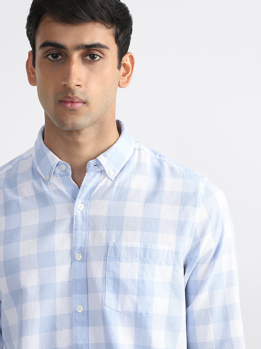 WES Casuals Light Blue Checked Slim Fit Shirt