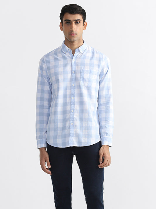 WES Casuals Light Blue Checked Slim Fit Shirt