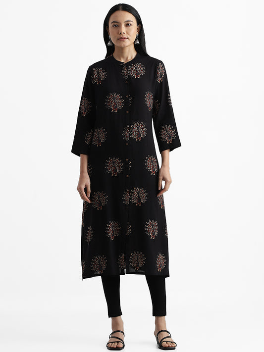 Utsa Black Peacock Printed Kurta
