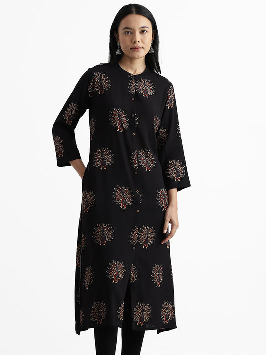 Utsa Black Peacock Printed Kurta