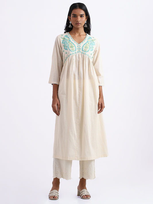 Utsa Mango Motif Embroidered Off-White Kurta