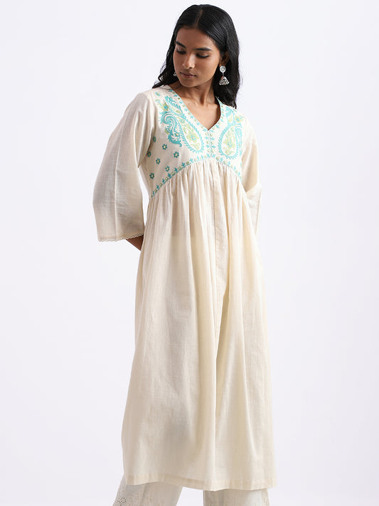 Utsa Mango Motif Embroidered Off-White Kurta