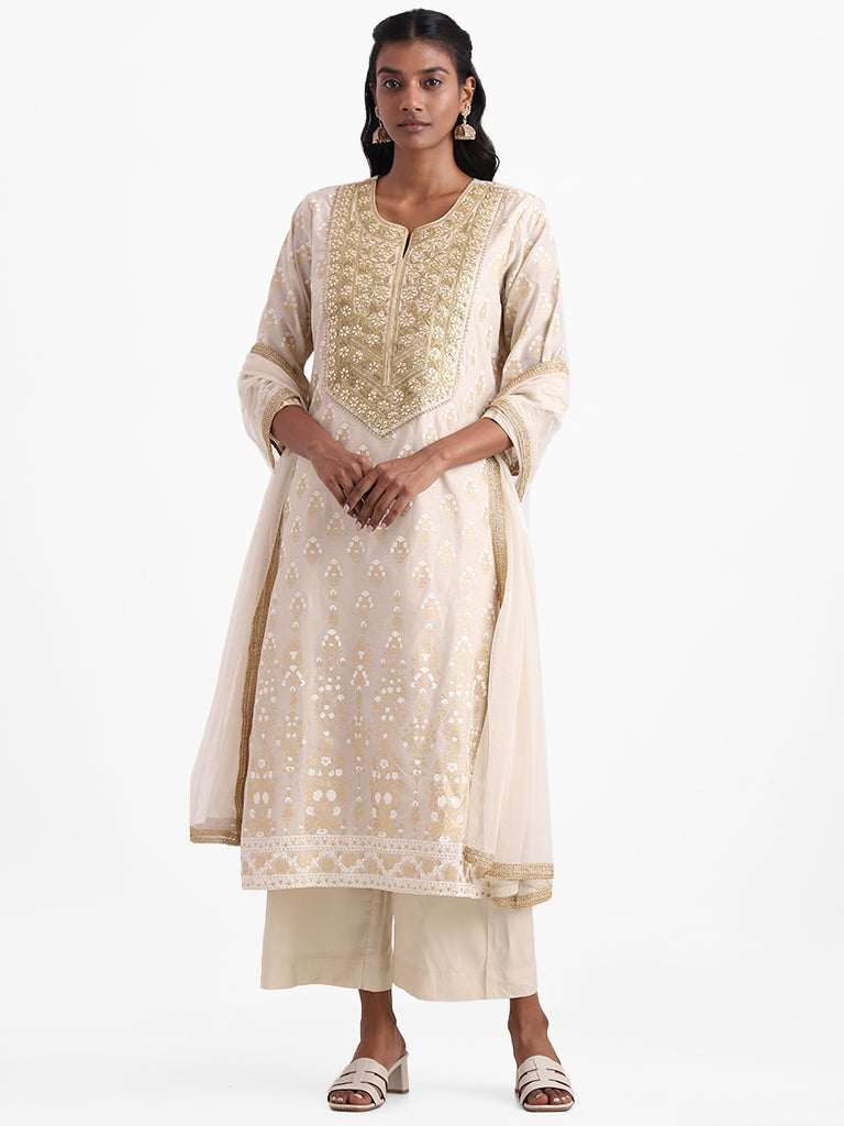 Buy Vark Beige Regular Fit Kurta, Pants, Dupatta Set from Westside