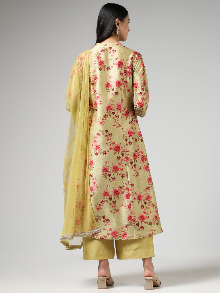 Buy Vark Solid Lime Kurta, Straight Pants and Floral Printed Dupatta Set  from Westside