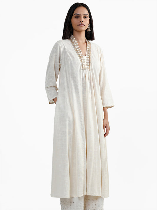 Utsa Jewel V Neckline Off White Kurta