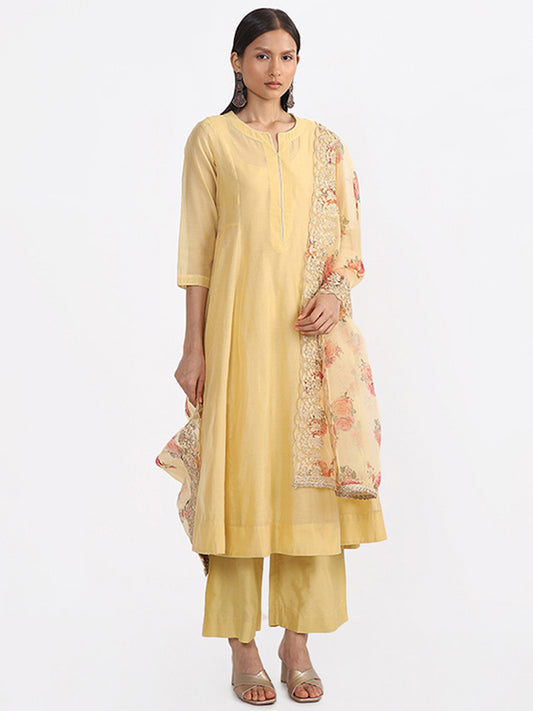 Vark Embroidered Yellow Kurta & Inner with Palazzos & Dupatta