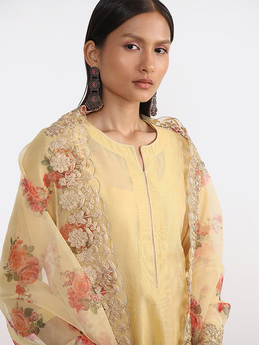 Vark Embroidered Yellow Kurta & Inner with Palazzos & Dupatta