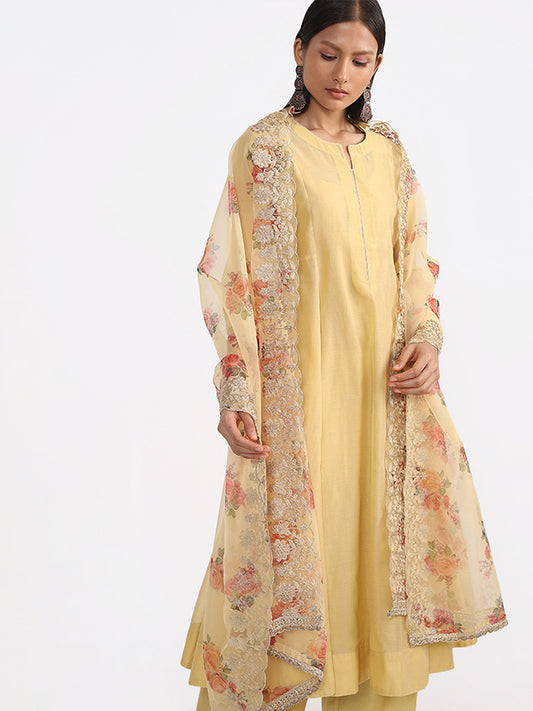 Vark Embroidered Yellow Kurta & Inner with Palazzos & Dupatta