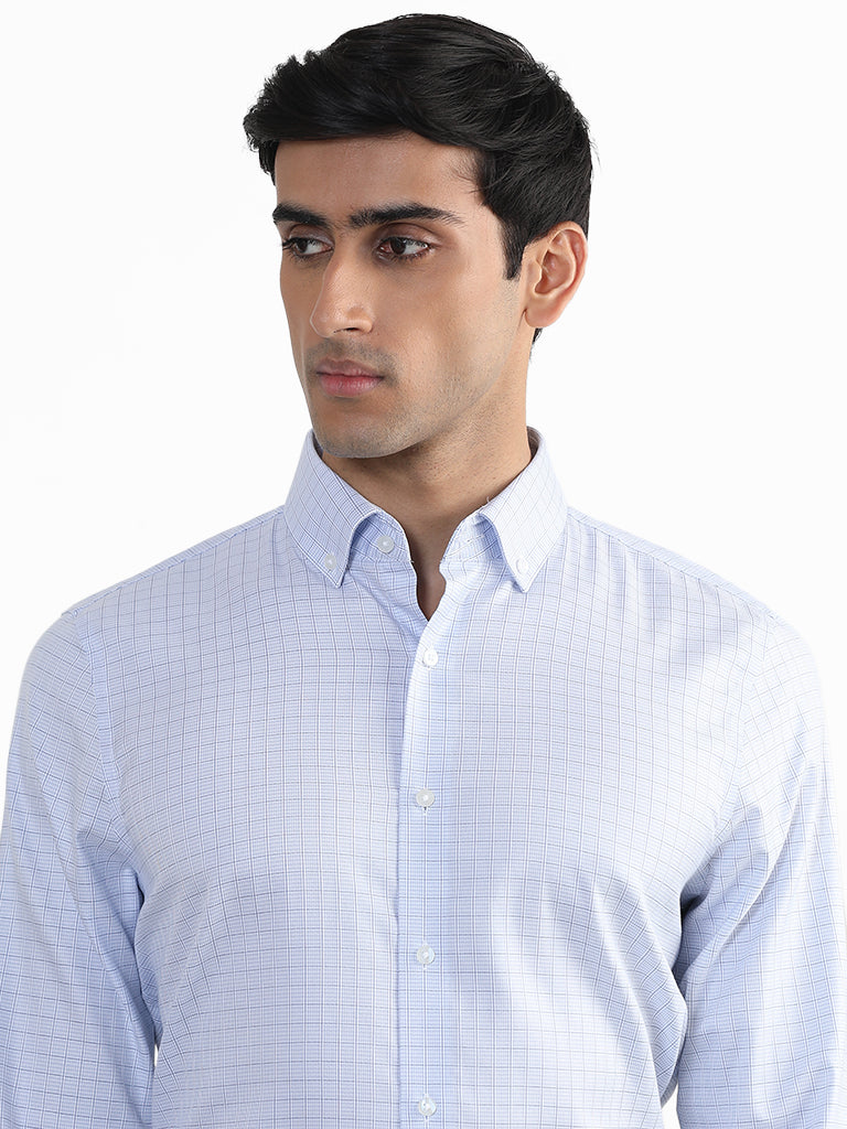WES Formals Checked Blue Slim Fit Shirt