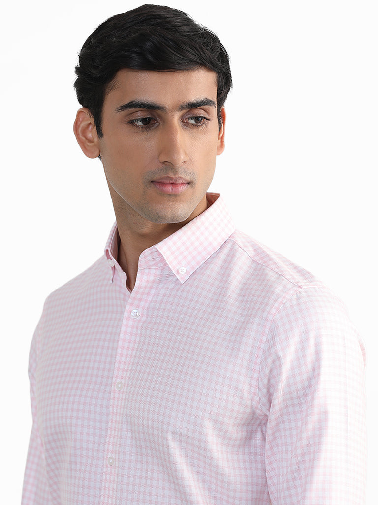WES Formals Checked Pink Cotton Slim Fit Shirt