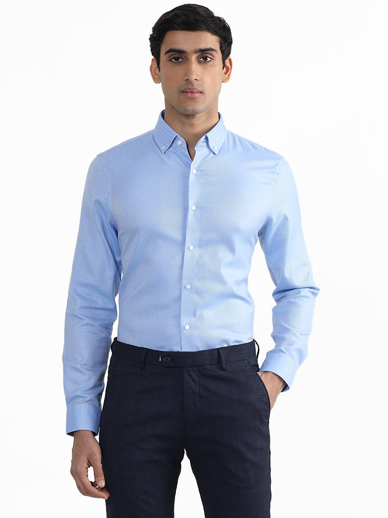 WES Formals Plain Blue Slim Fit Shirt