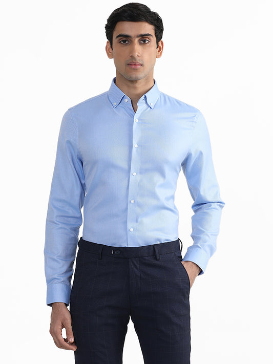 WES Formals Plain Blue Cotton Slim-Fit Shirt