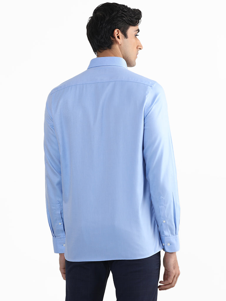 WES Formals Plain Blue Cotton Slim-Fit Shirt