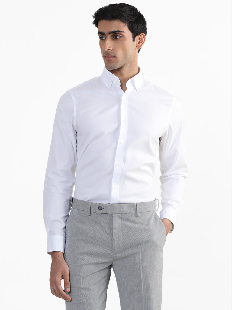 WES Formals Plain White Cotton Slim Fit Shirt