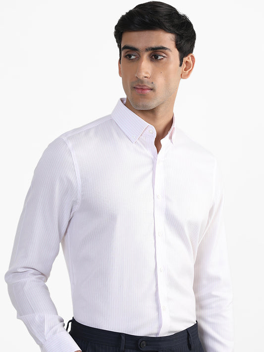 WES Formals Striped Light Pink Cotton Slim-Fit Shirt