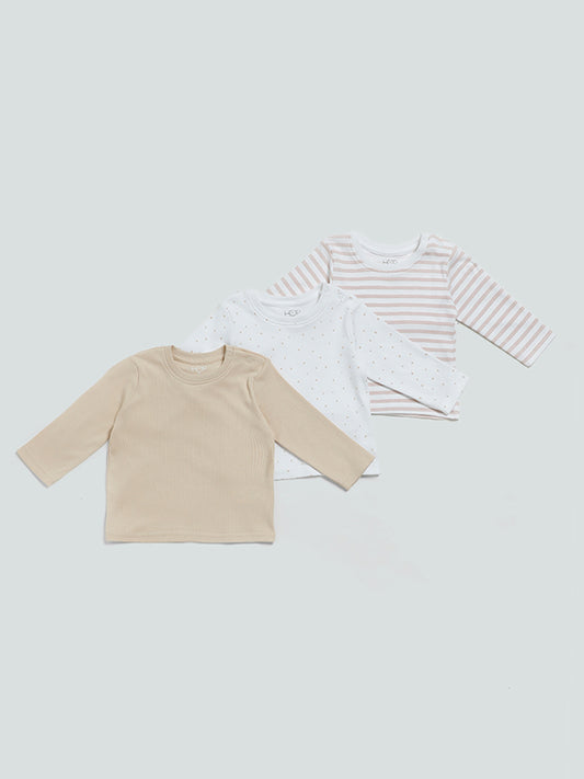 HOP Baby Beige & White Printed T-Shirt - Pack of 3