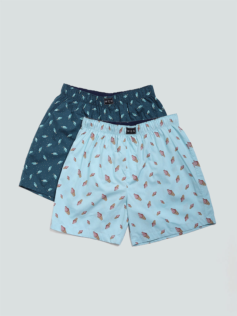 WES Lounge & Inner Teal Printed Relaxed Fit Boxers- Pack of 2