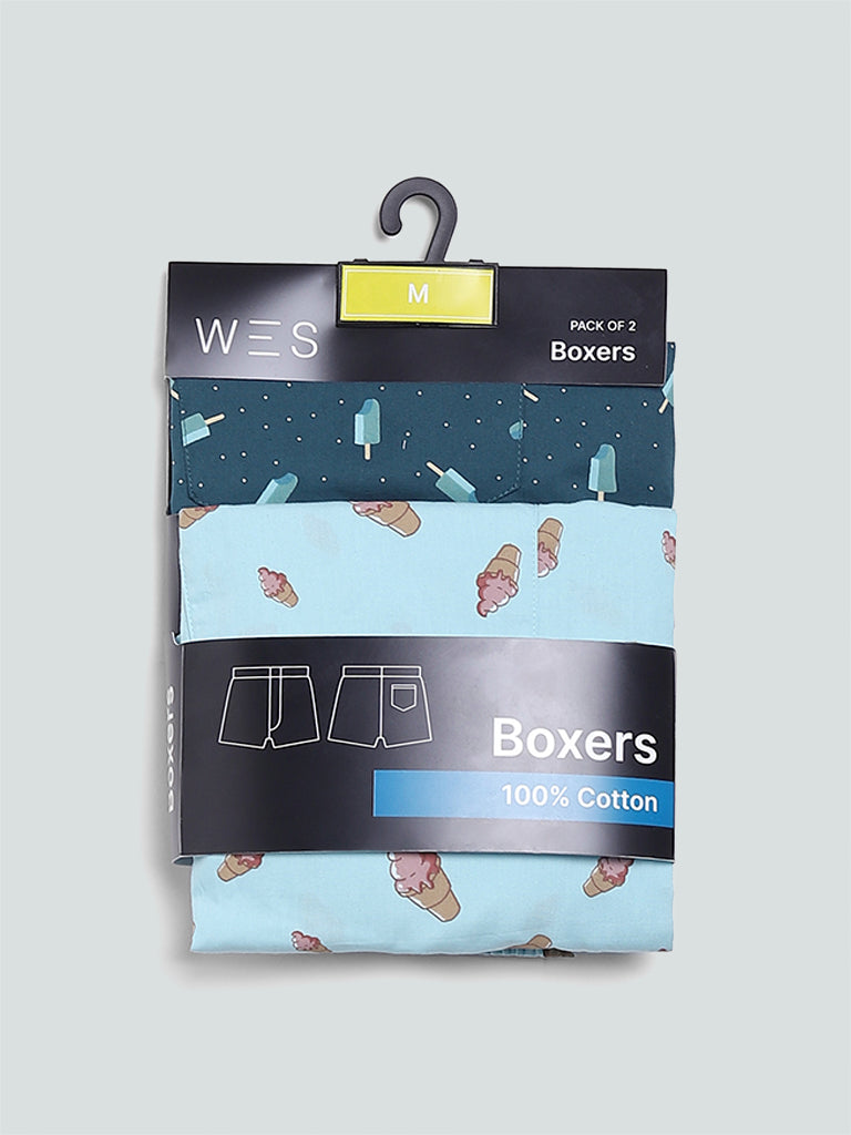 WES Lounge & Inner Teal Printed Relaxed Fit Boxers- Pack of 2