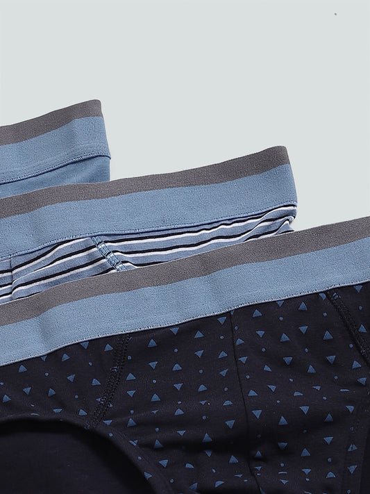WES Lounge Cotton Stretchable Printed Light Blue Briefs - Pack of 3