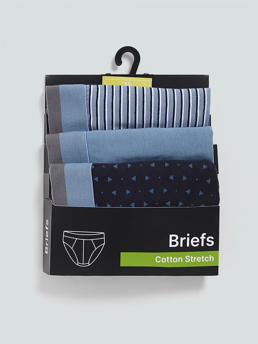 WES Lounge Cotton Stretchable Printed Light Blue Briefs - Pack of 3