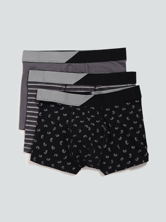 WES Lounge Printed & Solid Black Trunks - Pack of 3