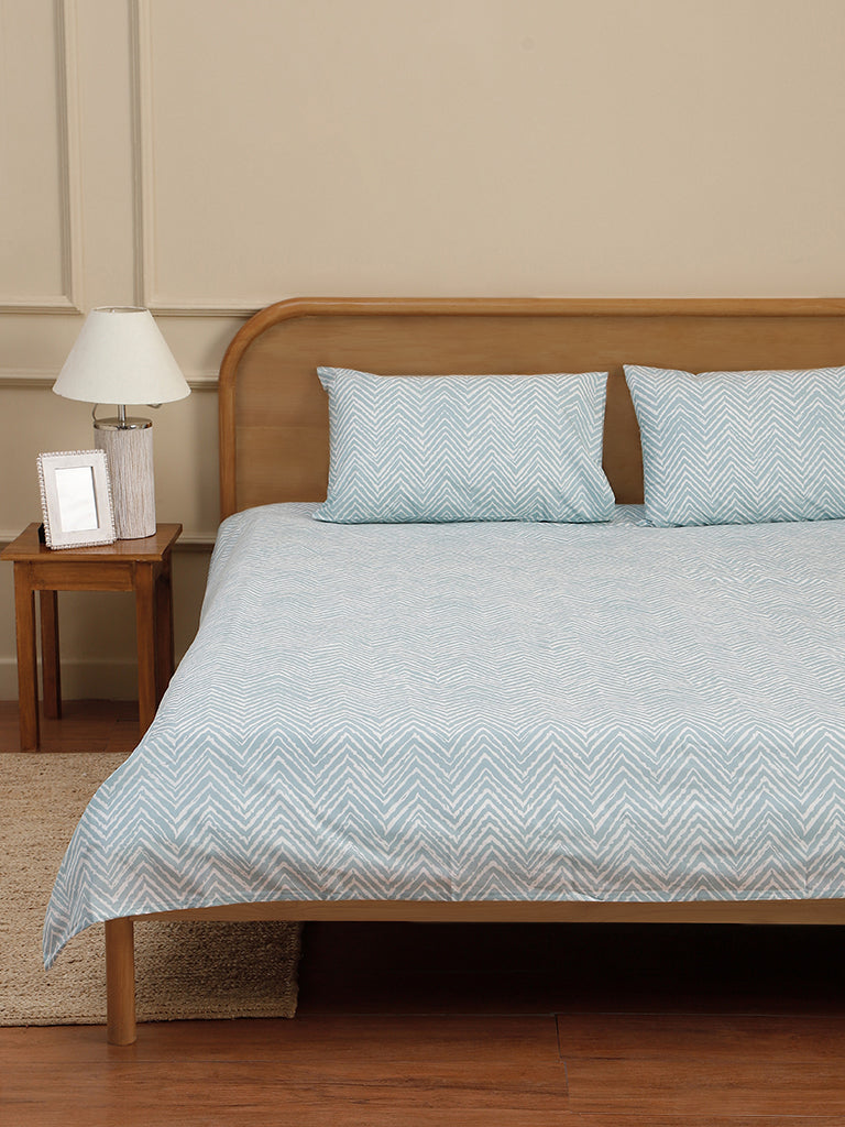 Westside Home Aqua Chevron Printed Double Bed Flat sheet and Pillowcase Set