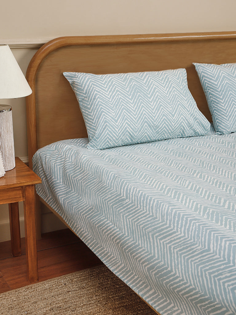 Westside Home Aqua Chevron Printed Double Bed Flat sheet and Pillowcase Set