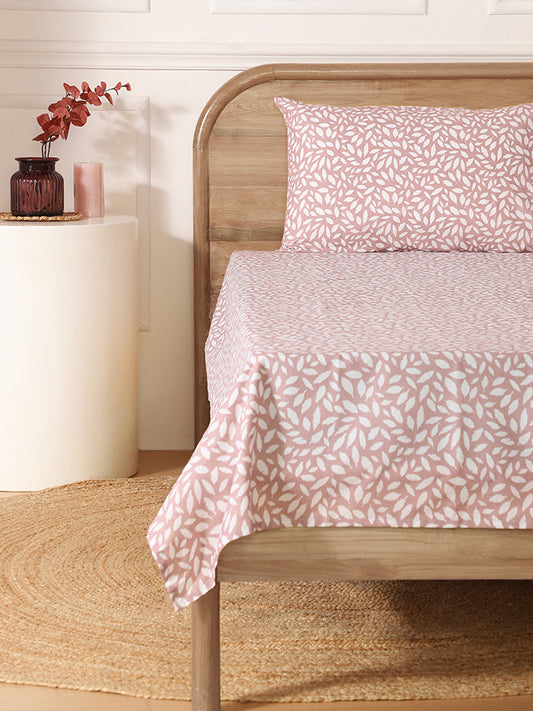 Westside Home Leafy Printed Pink Single Bed Flat Sheet and Pillowcase Set