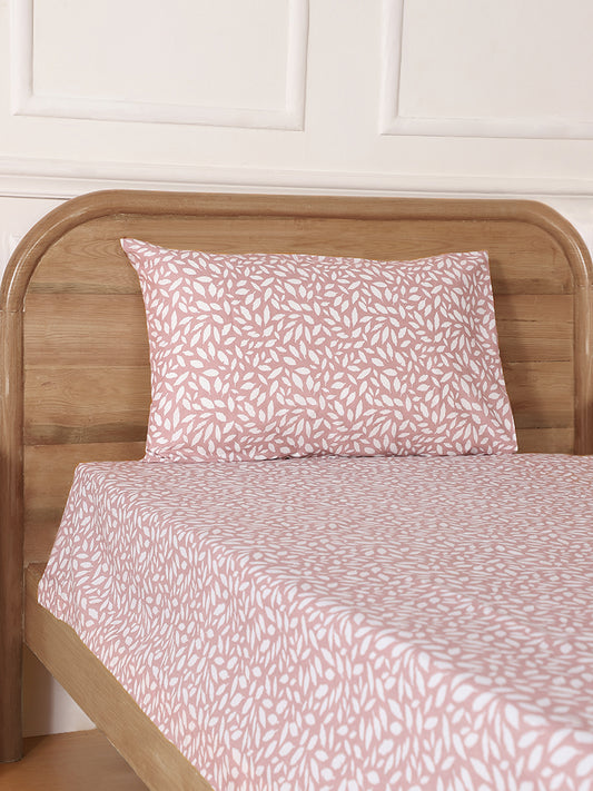 Westside Home Leafy Printed Pink Single Bed Flat Sheet and Pillowcase Set