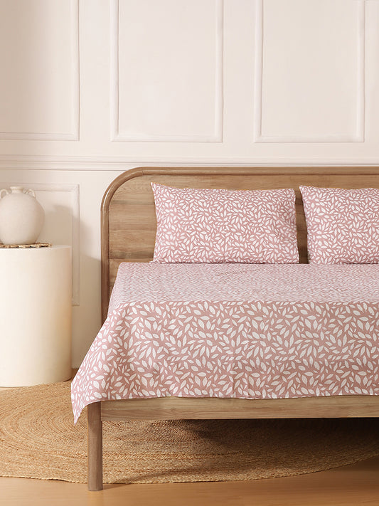 Westside Home Leafy Printed Pink Double Bed Flat Sheet and Pillowcase Set