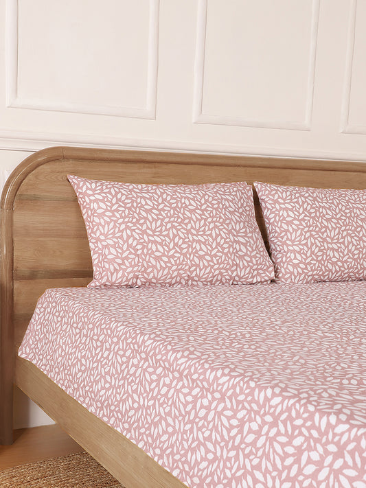 Westside Home Leafy Printed Pink Double Bed Flat Sheet and Pillowcase Set