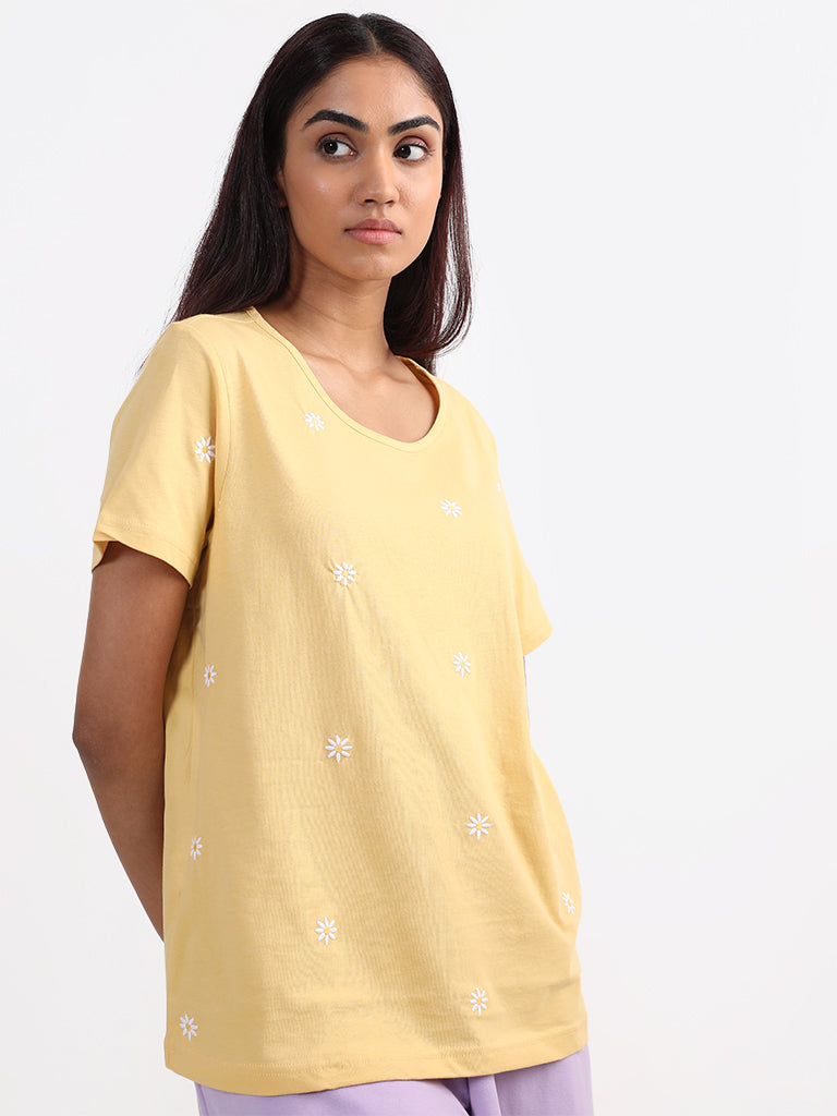 Wunderlove Sleepwear Printed Yellow T-Shirt