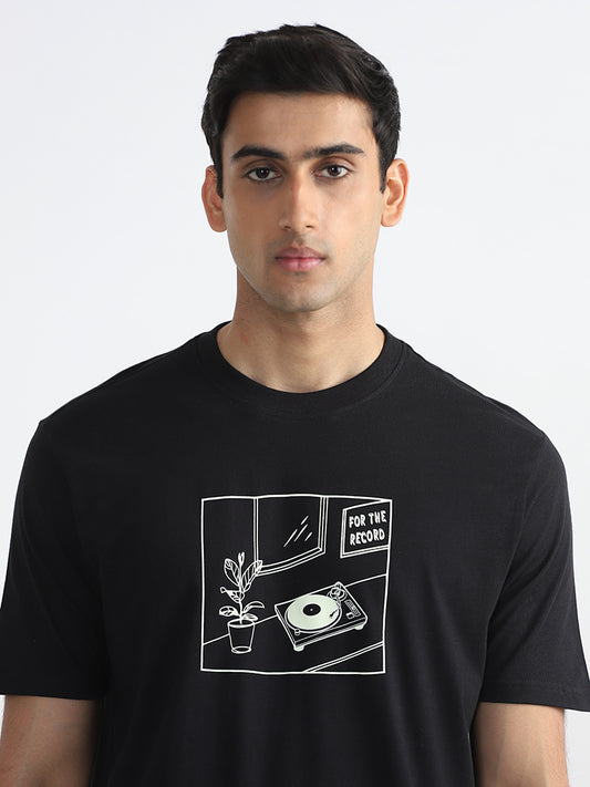 WES Casuals Printed Black Relaxed-Fit T-Shirt