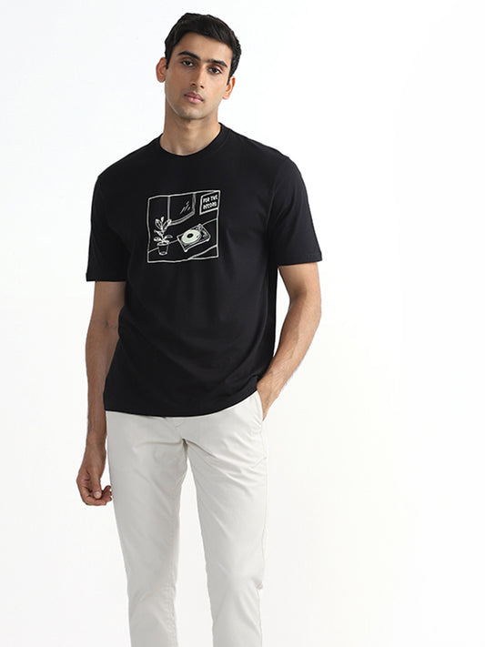 WES Casuals Printed Black Relaxed-Fit T-Shirt