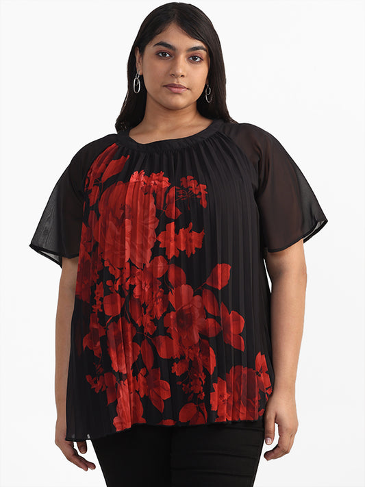 Gia Curves Black Floral Printed Pleated Blouse