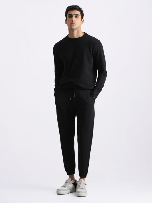 WES Casuals Solid Black Relaxed Fit Trackpants