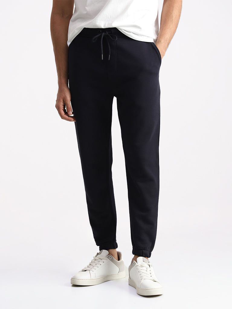 WES Casuals Solid Navy Relaxed Fit Trackpants