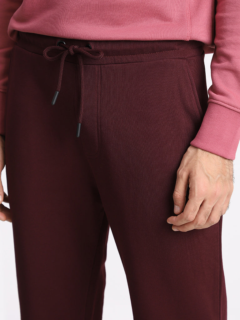 WES Casuals Solid Wine Relaxed Fit Trackpants