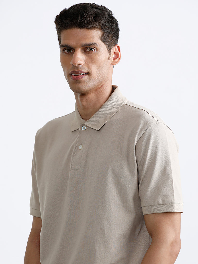 WES Casuals Plain Beige Polo Neck Cotton Blend Relaxed Fit T-Shirt