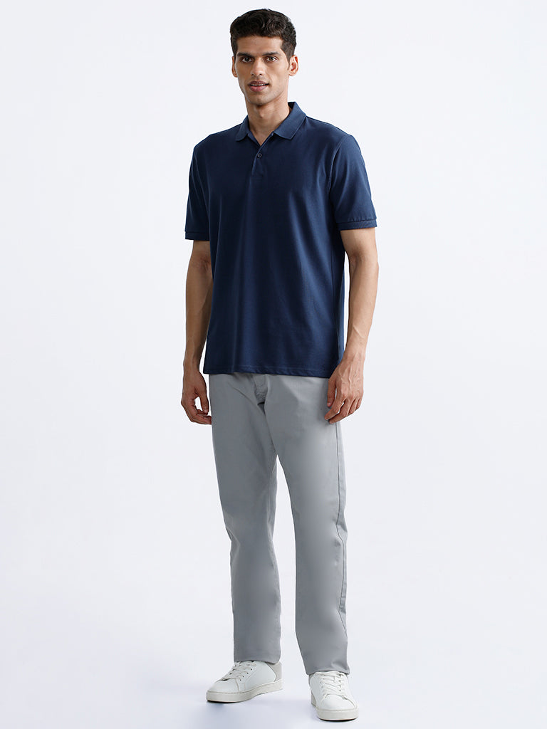 WES Casuals Dark Blue Polo Neck Cotton Blend Relaxed Fit T-Shirt