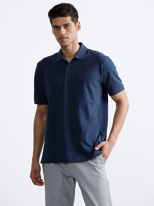 WES Casuals Dark Blue Polo Neck Cotton Blend Relaxed Fit T-Shirt