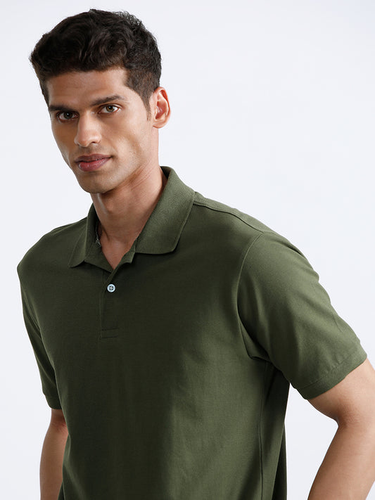 WES Casuals Dark Olive Polo Neck Cotton Blend Relaxed Fit T-Shirt