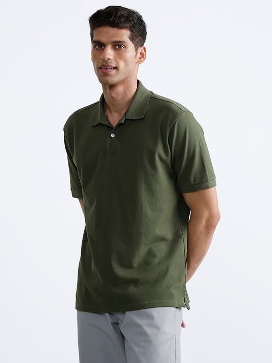 WES Casuals Dark Olive Polo Neck Cotton Blend Relaxed Fit T-Shirt