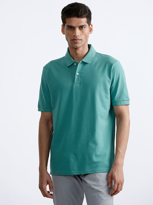 WES Casuals Blue Polo Neck Cotton Blend Relaxed-Fit T-Shirt