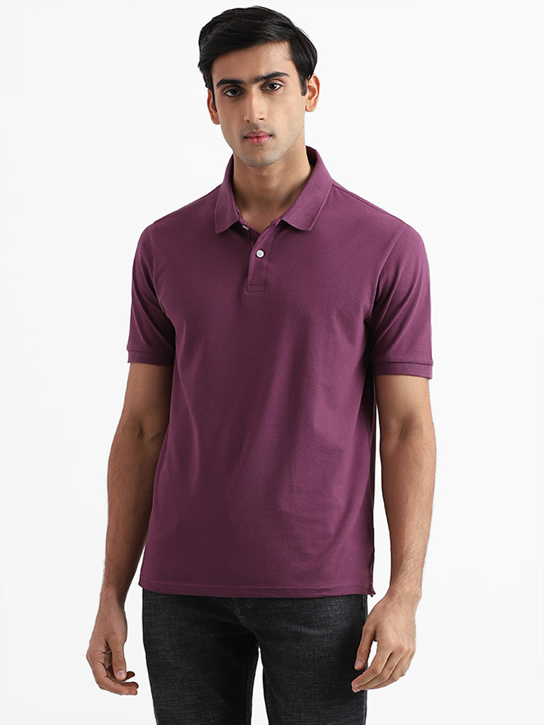 WES Casuals Solid Mauve Cotton Blend Relaxed Fit T-Shirt