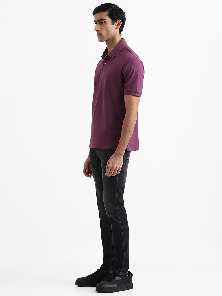 WES Casuals Solid Mauve Cotton Blend Relaxed Fit T-Shirt
