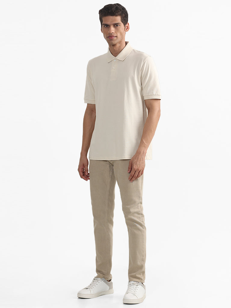 WES Casuals Plain Cream Polo Neck Relaxed Fit T-Shirt