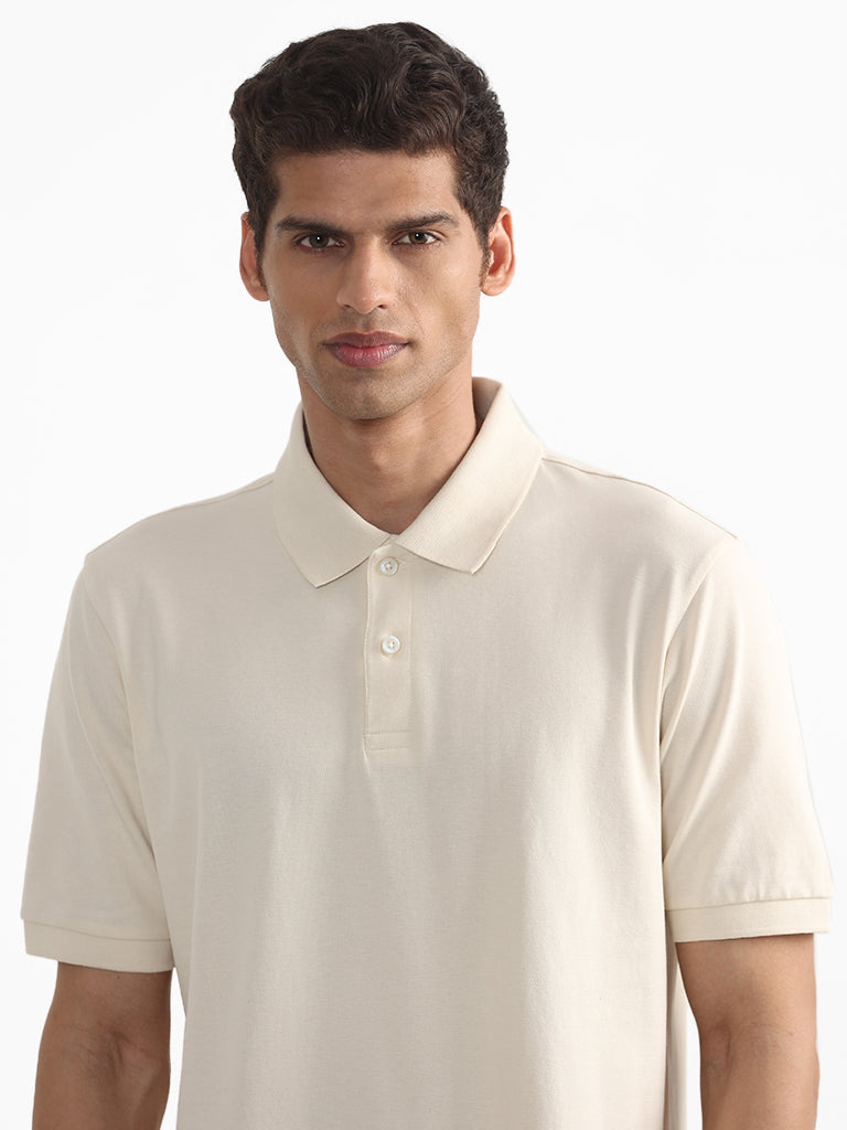 WES Casuals Plain Cream Polo Neck Relaxed Fit T-Shirt