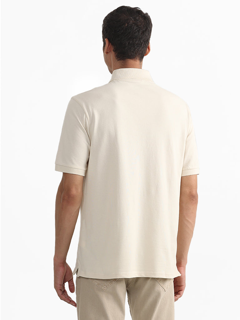 WES Casuals Plain Cream Polo Neck Cotton Blend Relaxed Fit T-Shirt