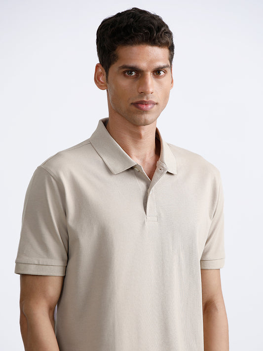 WES Casuals Beige Cotton Blend Polo Neck T-Shirt